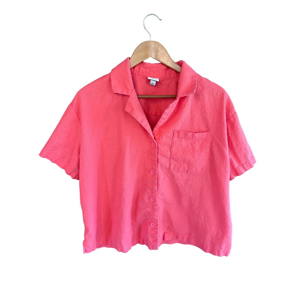 A New Day Womens Coral Pink Linen Blend Short Sleeve Button Down Shirt XL